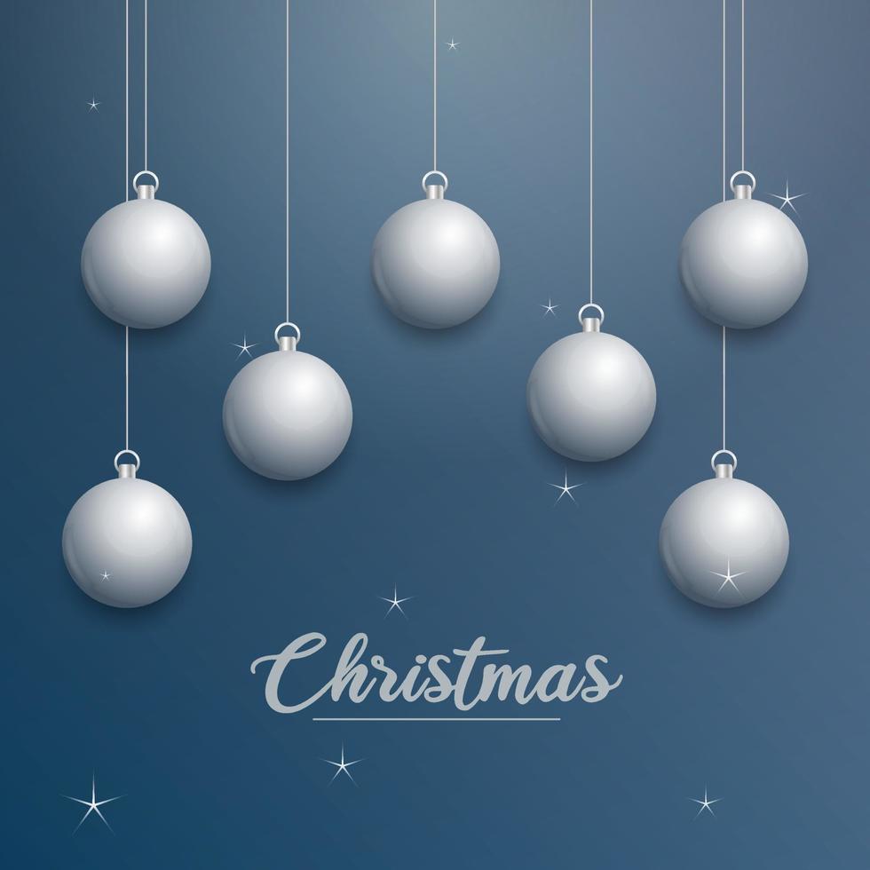 banner de navidad vectorial con decoraciones. texto de feliz navidad. adornos de plata sobre fondo azul vector