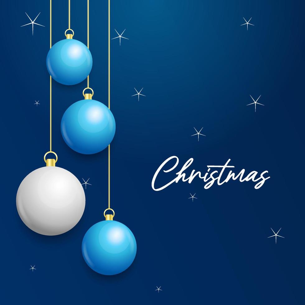 Christmas blue background with hanging shining white and Silver balls. Merry christmas greeting card vector