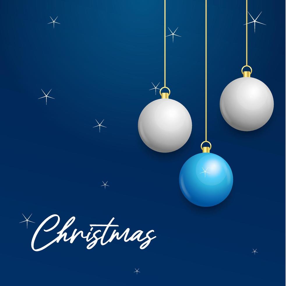 fondo azul navideño con bolas colgantes blancas y plateadas brillantes. feliz navidad tarjeta de felicitacion vector