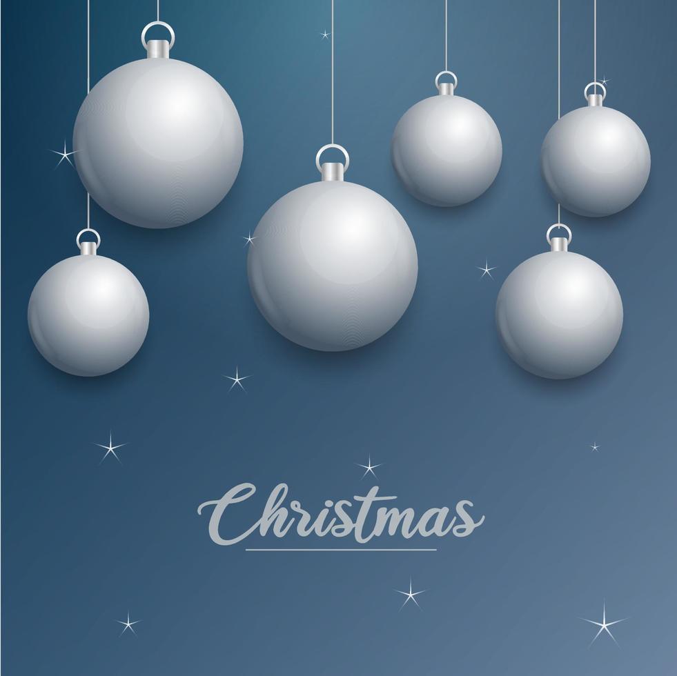 Vector Christmas banner with decorations. Merry Christmas text. silver ornaments on blue background