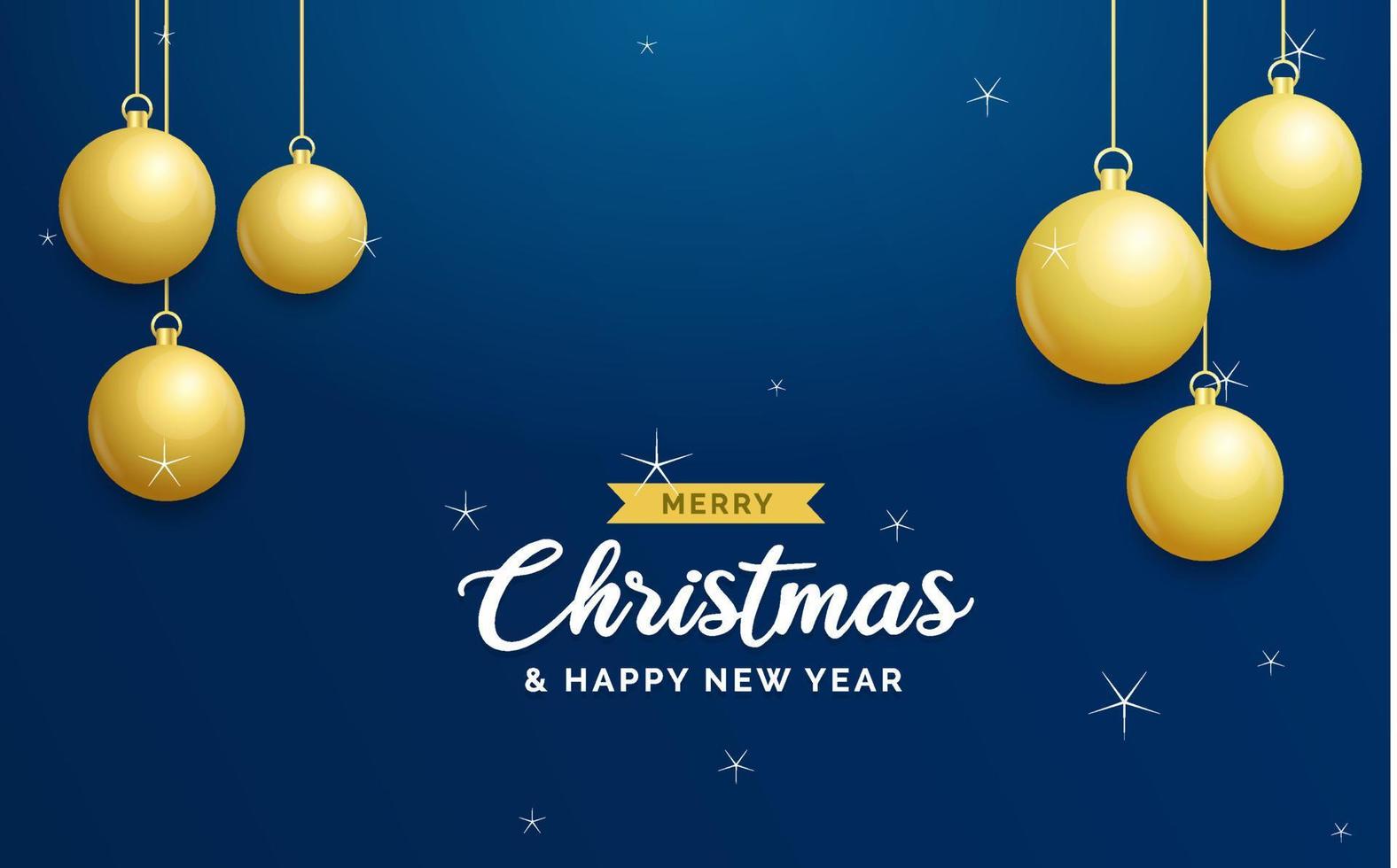 fondo azul de navidad con bolas doradas brillantes colgantes. tarjeta de felicitación de feliz navidad. cartel de vacaciones de navidad y año nuevo. banner web vector