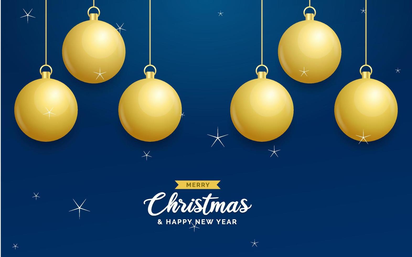 fondo azul de navidad con bolas doradas brillantes colgantes. tarjeta de felicitación de feliz navidad. cartel de vacaciones de navidad y año nuevo. banner web vector