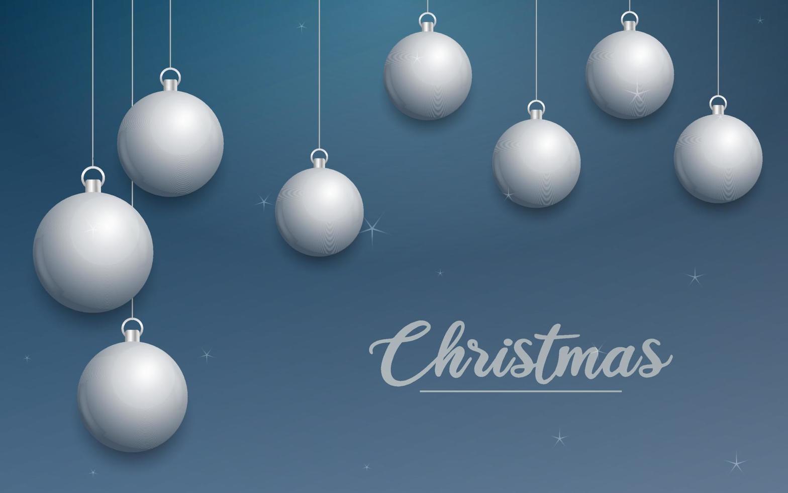 banner de navidad vectorial con decoraciones. texto de feliz navidad. adornos de plata sobre fondo azul vector
