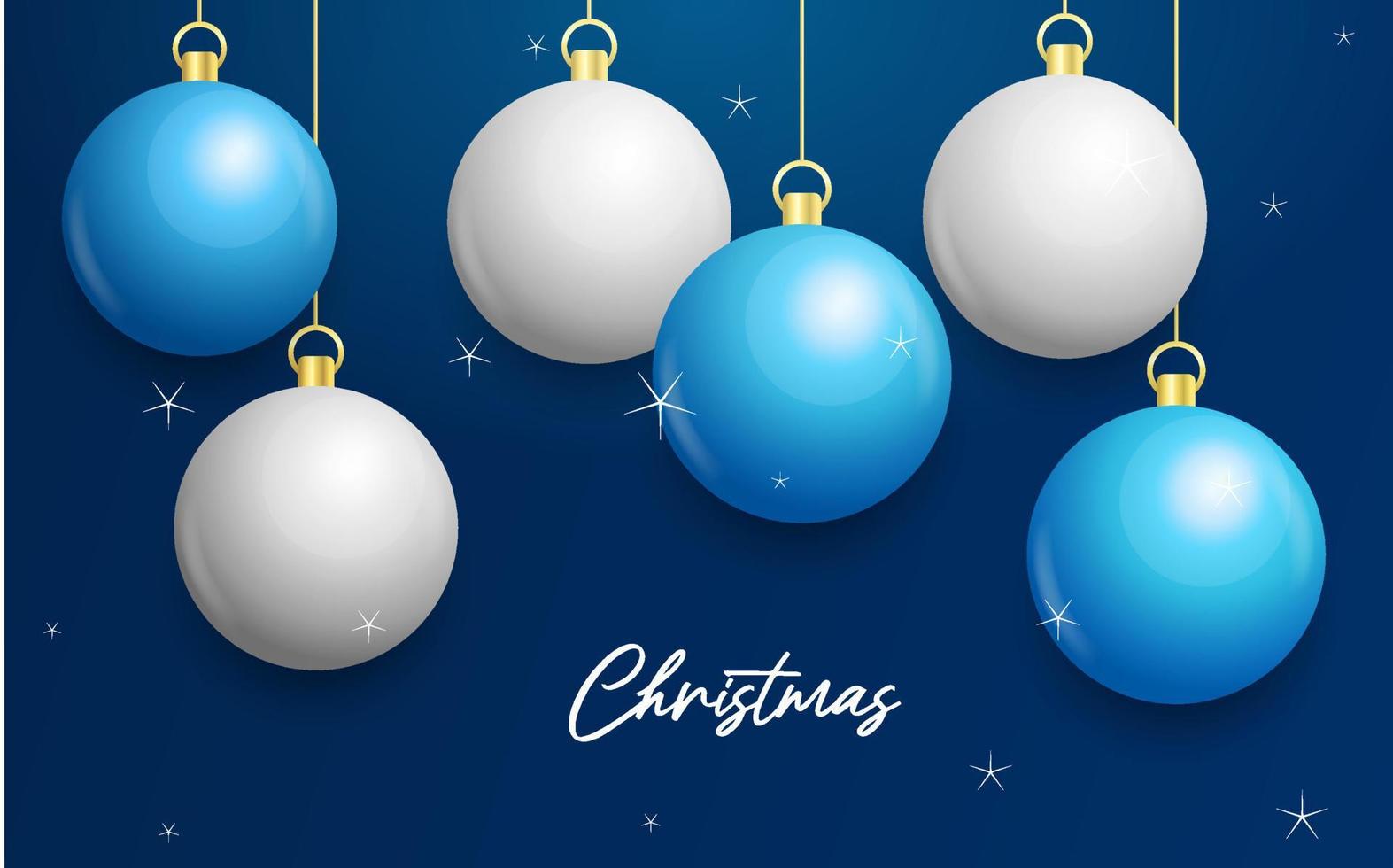 fondo azul navideño con bolas colgantes blancas y plateadas brillantes. feliz navidad tarjeta de felicitacion vector