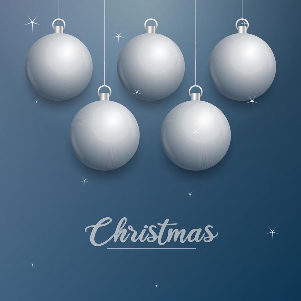 banner de navidad vectorial con decoraciones. texto de feliz navidad. adornos de plata sobre fondo azul vector