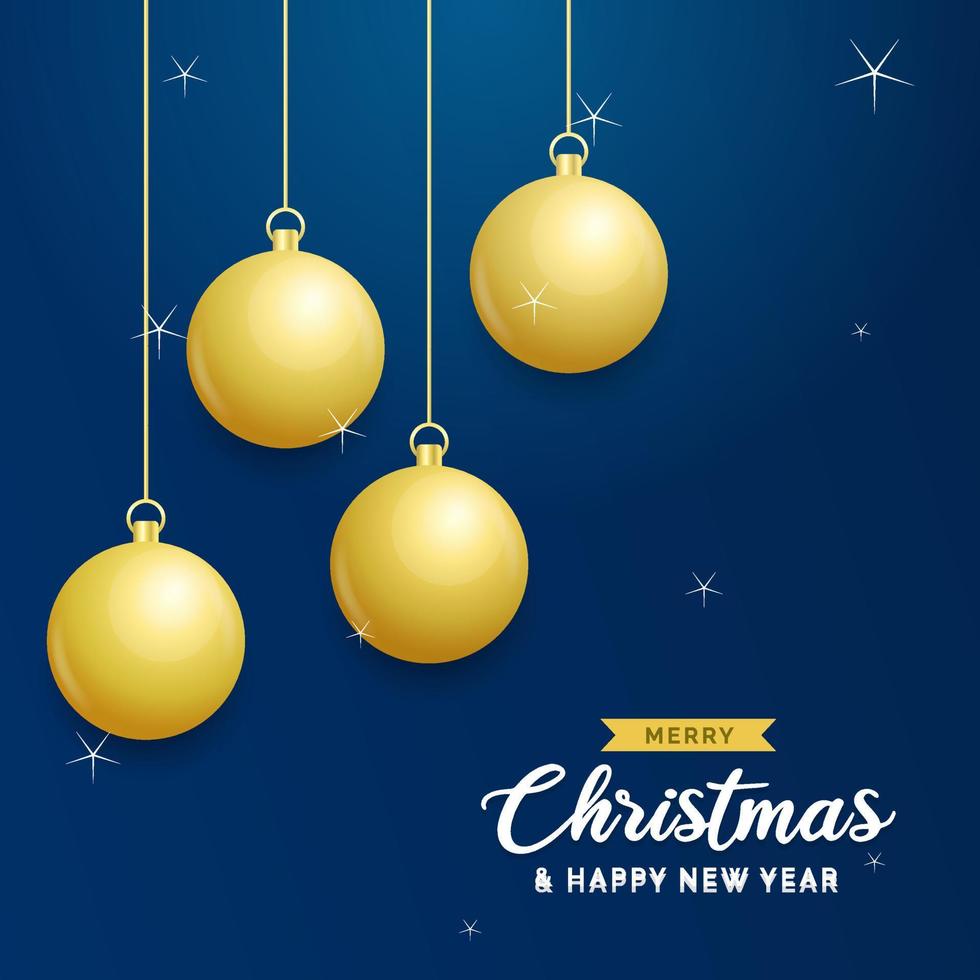 fondo azul de navidad con bolas doradas brillantes colgantes. tarjeta de felicitación de feliz navidad. cartel de vacaciones de navidad y año nuevo. banner web vector