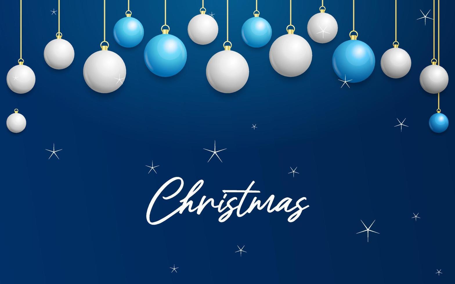 fondo azul navideño con bolas colgantes blancas y plateadas brillantes. feliz navidad tarjeta de felicitacion vector