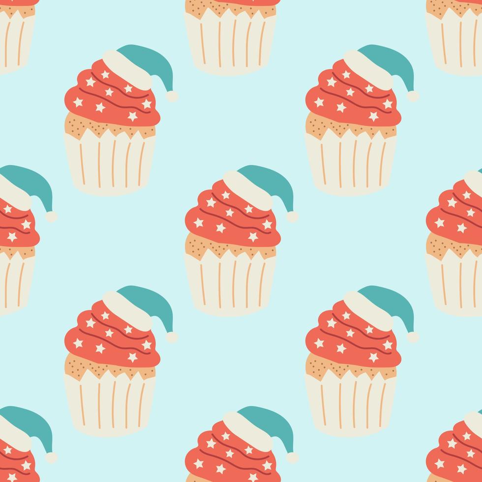 Cupcake with Christmas Decor Seamless Pattern. Christmas collection. Flat vector illustration