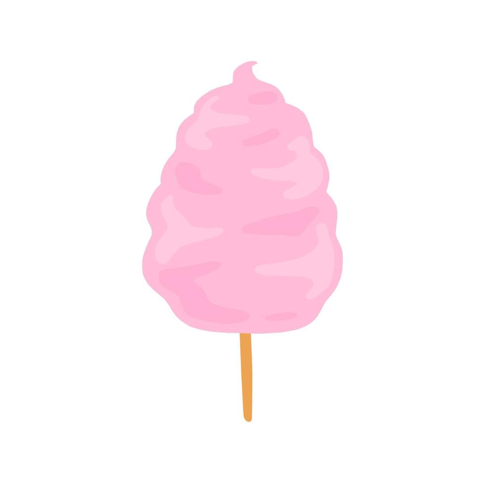 Cotton candy on stick. Sweet dessert from the fair and children party. Pink candyfloss. vector