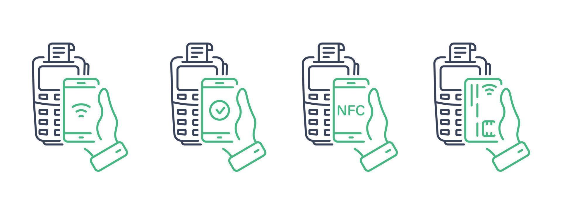 transacción de pago sin efectivo con icono de línea de tecnología nfc. pictograma de procesamiento de pago pos. teléfono inteligente, proceso de pago con tarjeta de crédito en el conjunto de iconos de terminal. trazo editable. ilustración vectorial aislada. vector