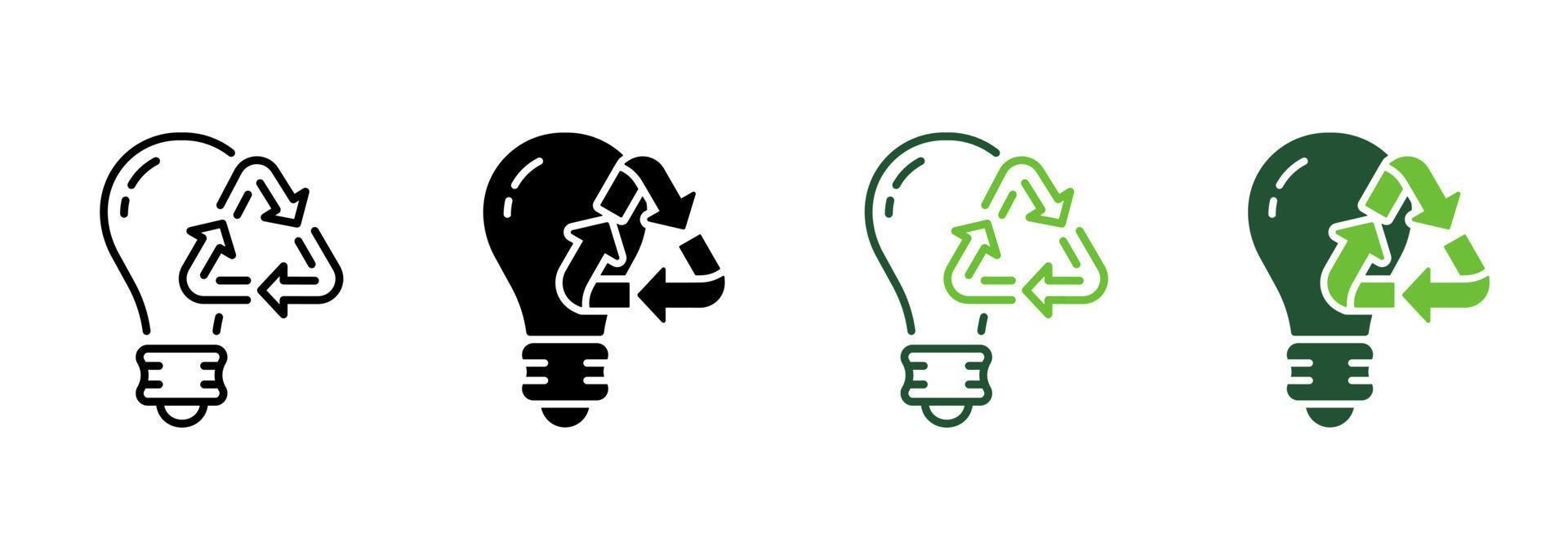 Lightbulb Renewable Electricity Resource Line and Silhouette Icon Set. Eco Biodegradable Light Bulb Pictogram. Low-Energy Lamp Symbol Collection on White Background. Isolated Vector Illustration.