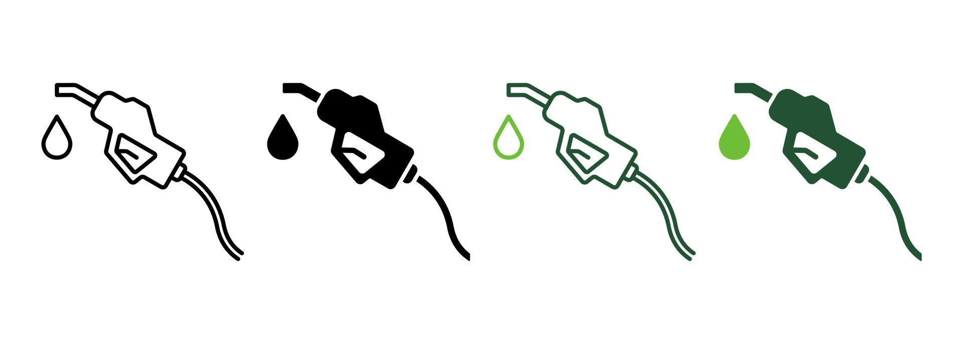 Fuel Nozzle Holder with Hose on Petrol Station Line and Silhouette Icon Color Set. Petroleum Energy Pump on Gas Station Symbol on White Background. Fossil Fill Nozzle. Isolated Vector Illustration.