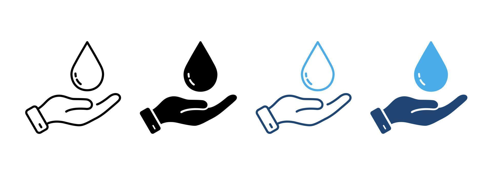 Hand Hold Water Drop Line and Silhouette Icon Color Set. Aqua Resource, Environment Protection. Hygiene Health Care, Clean Water Symbol Collection on White Background. Isolated Vector Illustration.