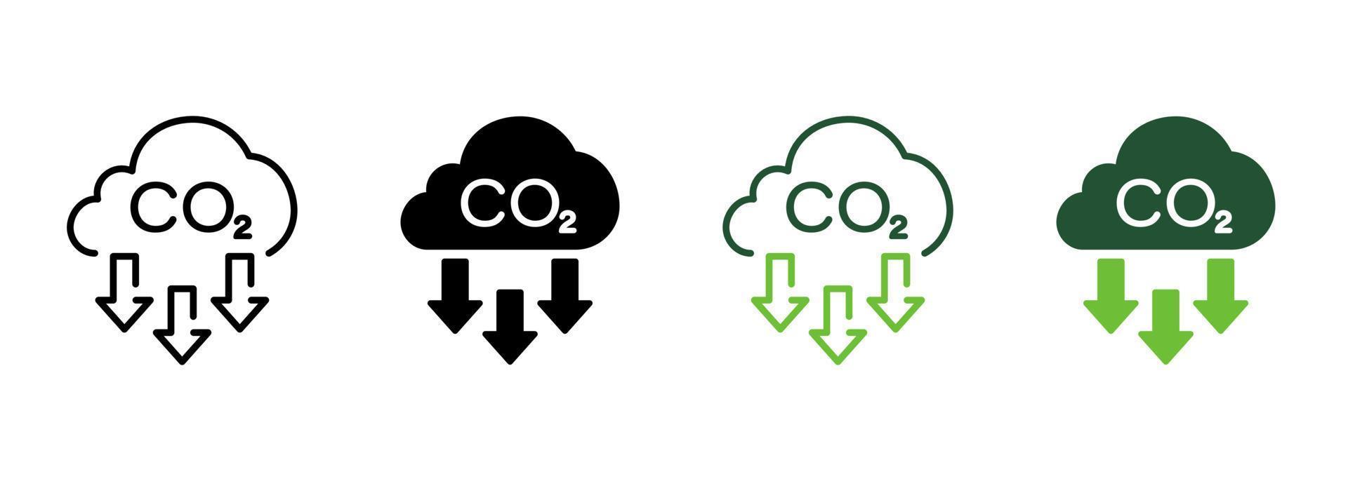 reducción de co2 de efecto invernadero con línea de emisión de nubes y conjunto de colores de iconos de silueta. contaminación por dióxido de carbono en el aire. colección de símbolos de contaminación atmosférica. ilustración vectorial aislada. vector