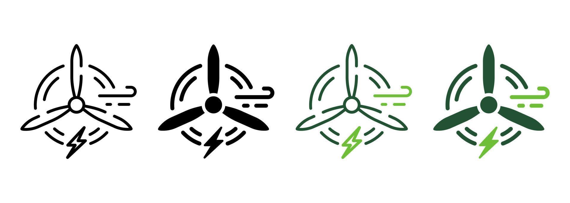 Eco Wind Turbine Green Energy Line and Silhouette Icon Color Set. Wind Mill Renewable Power Pictogram. Ecological Windmill Symbol Collection on White Background. Isolated Vector Illustration.