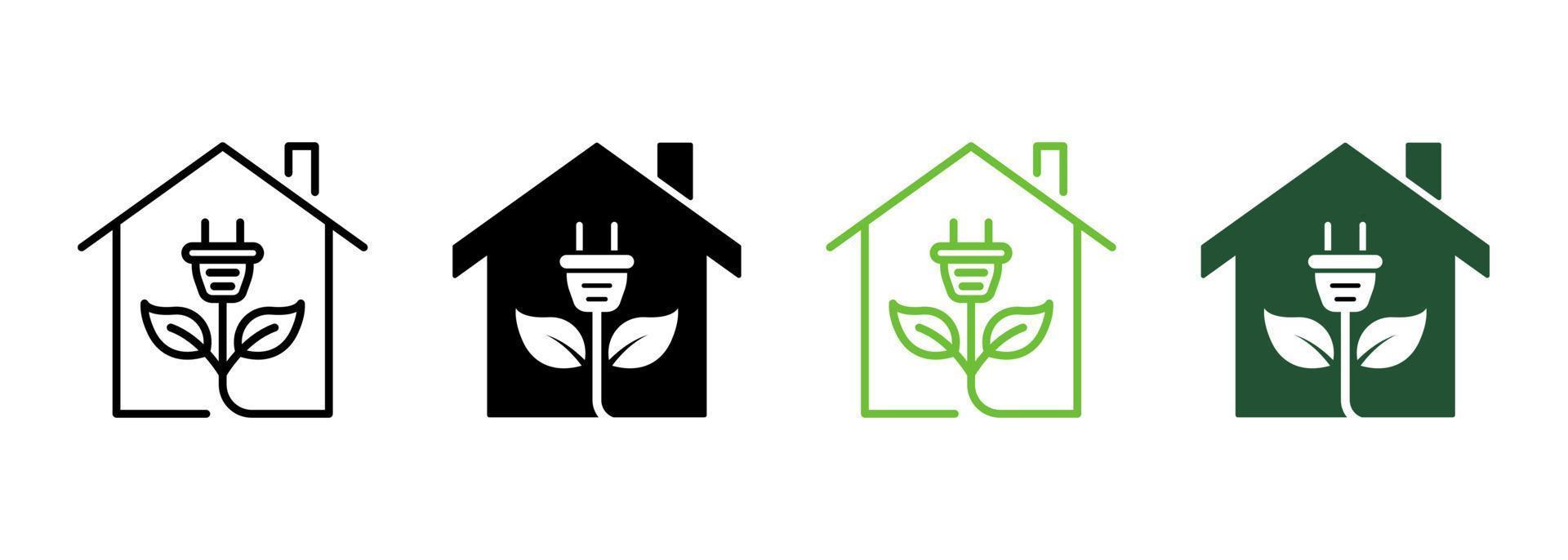 Eco House with Leaf and Plug Line and Silhouette Icon Color Set. Natural Home with Green Energy Pictogram. Ecology Real Estate Symbol Collection on White Background. Isolated Vector Illustration.