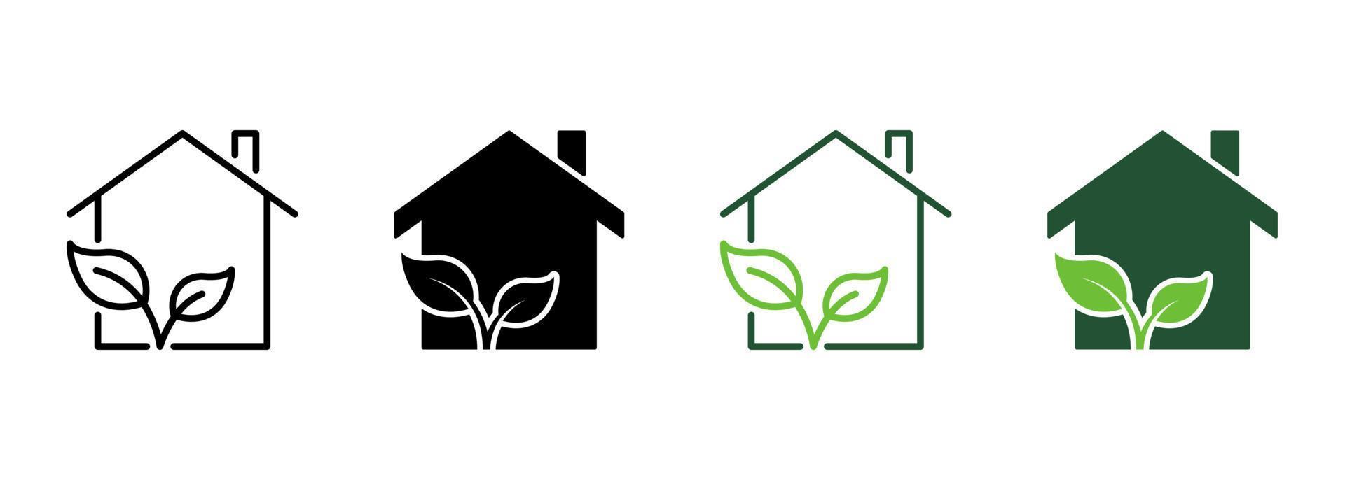 Eco Green House Line and Silhouette Icon Color Set. Ecology Real Estate Building with Leaf Pictogram. Bio Natural House Symbol Collection on White Background. Isolated Vector Illustration.