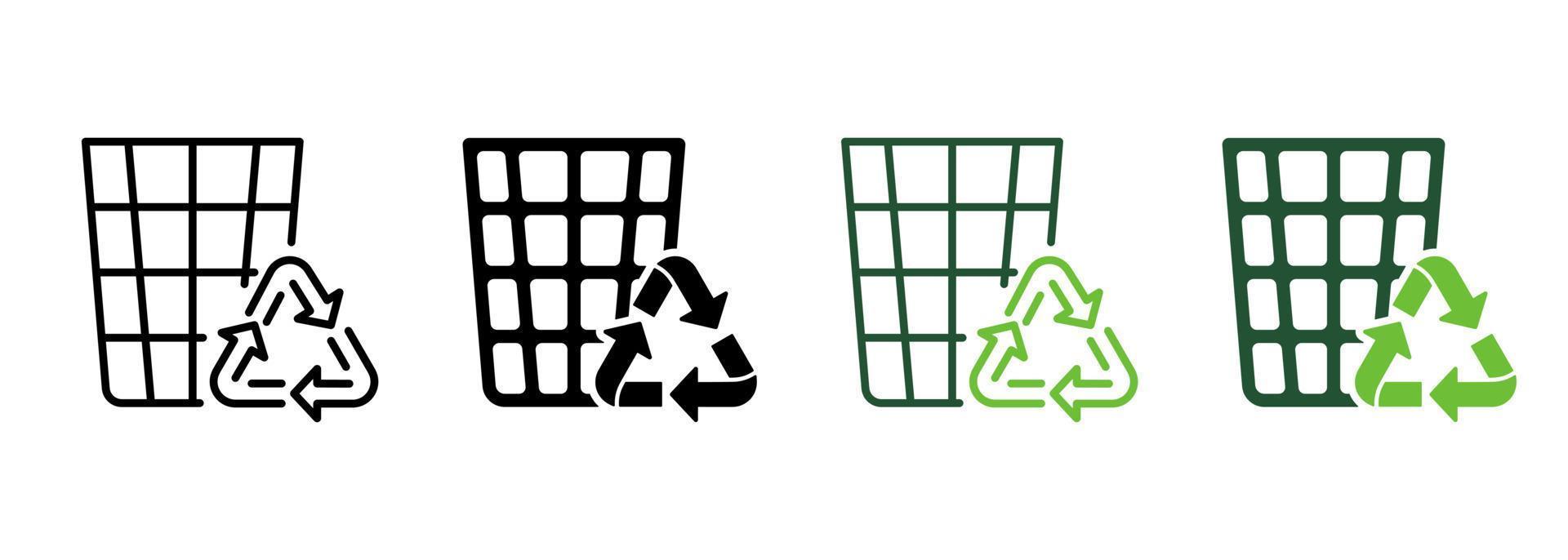 cubo de basura ecológico para línea de basura y conjunto de colores de icono de silueta. papelera ecológica de reciclaje. reciclar la colección de símbolos de cesta de rejilla sobre fondo blanco. reutilizar el signo del contenedor. ilustración vectorial aislada. vector