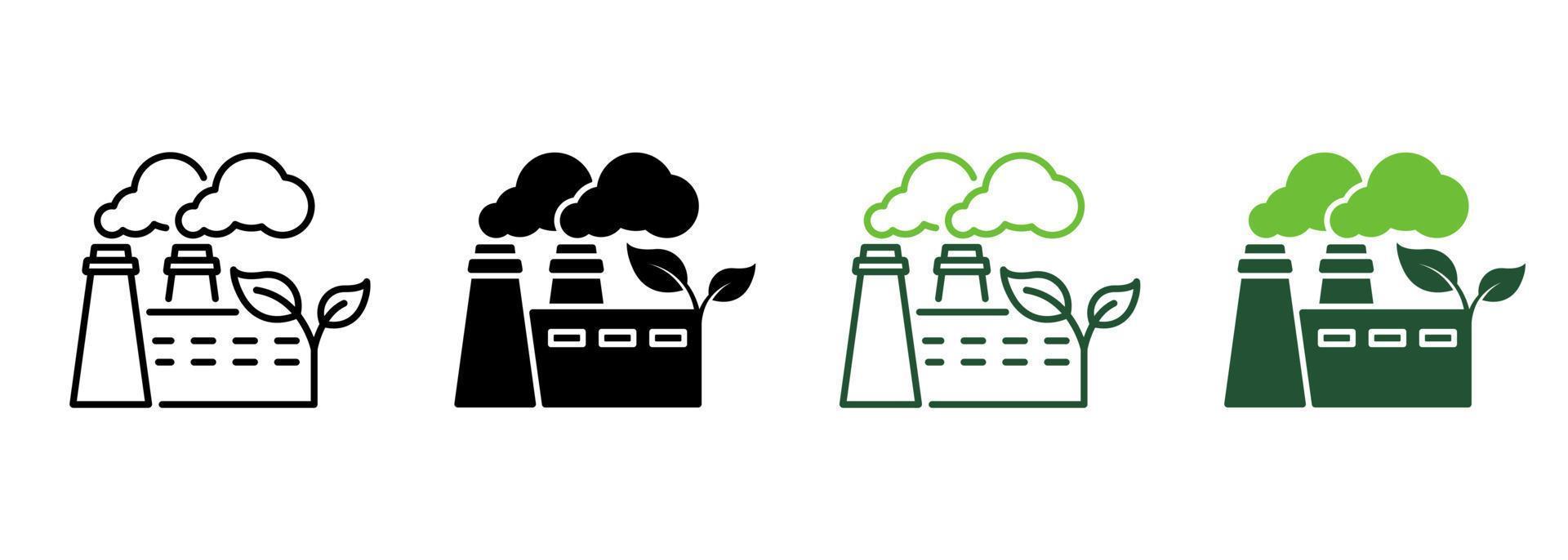 Eco Factory Industry Building with Leaf Line and Silhouette Icon Color Set. Ecological Industrial Production. Power Station Symbol on White Background. Ecology Industry. Isolated Vector Illustration.