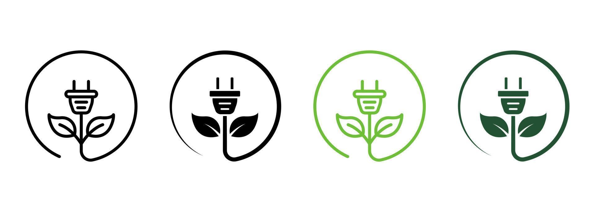 Electric Plug Green Energy Line and Silhouette Icon Color Set. Renewable Sustainable Technology. Eco Electricity Power with Leaf Symbol Collection on White Background. Isolated Vector Illustration.