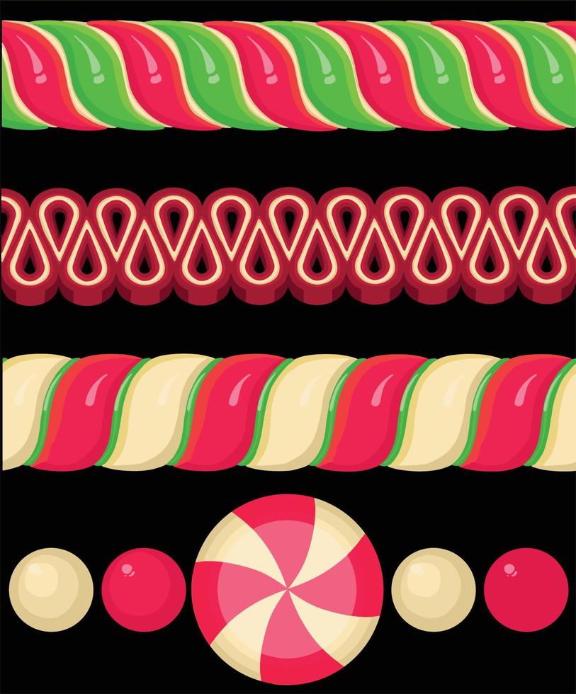 caramelo dulce, juego de piruletas de caramelo, colección de caramelos de colores sin envoltorio, comida dulce de azúcar, elemento de diseño para navidad. vector