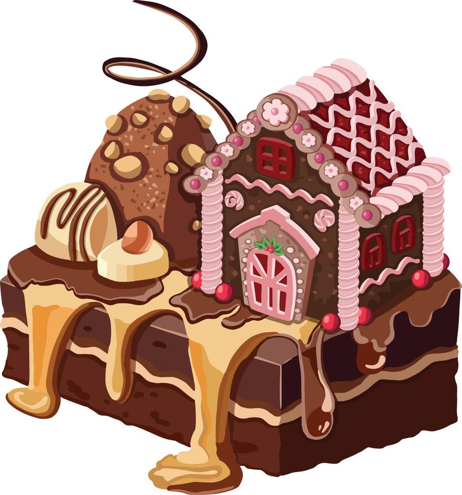 Postcard with hand drawnin gingerbread house isolated on night background. Christmas cookies vector