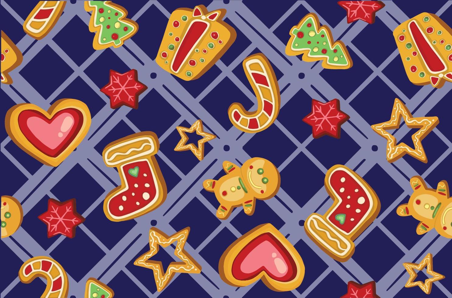 coloridos hermosos iconos de galletas de Navidad de patrones sin fisuras. fondo de respaldo de año nuevo decorado dulce - calcetín de bola de árbol de navidad de copo de nieve de santa estrella de hombre de pan de jengibre. vector