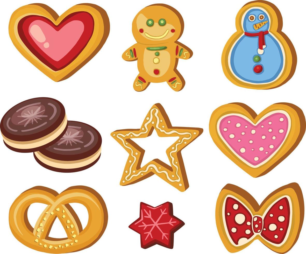 conjunto de galletas dulces navideñas de pan de jengibre aisladas. vector