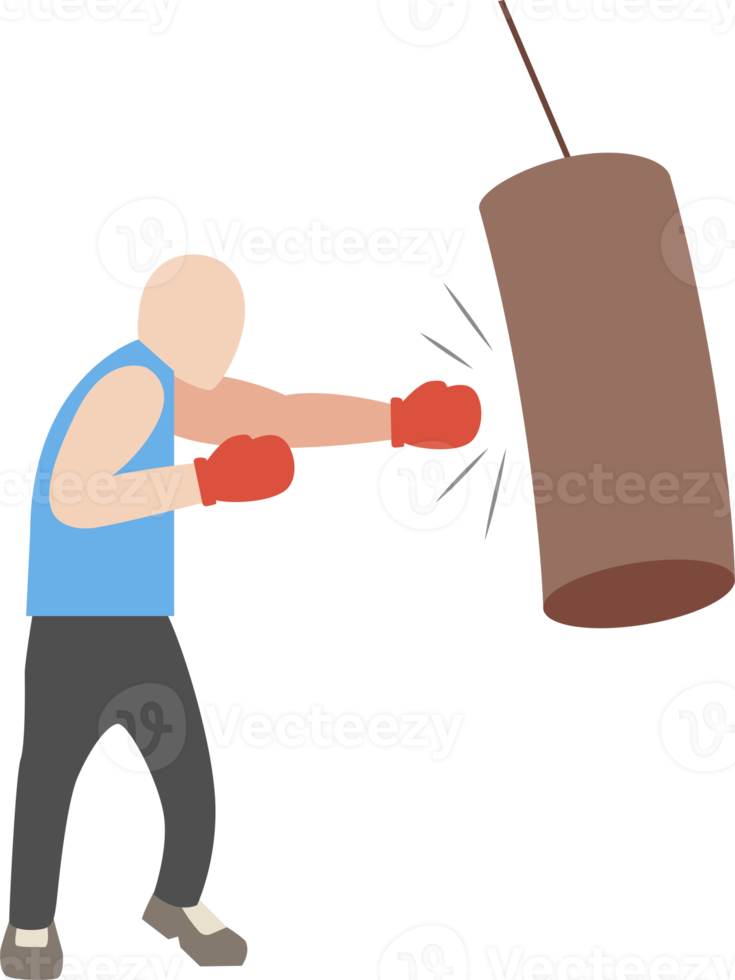 Boxers at the training. Set of strong boxer punching with red gloves, flat illustration. PNG with transparent background.