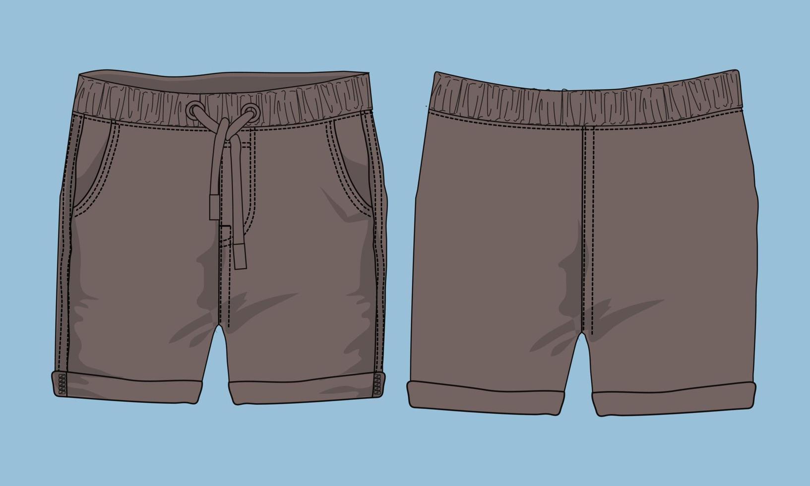 Shorts pant technical fashion flat sketch vector illustration template front and back views.