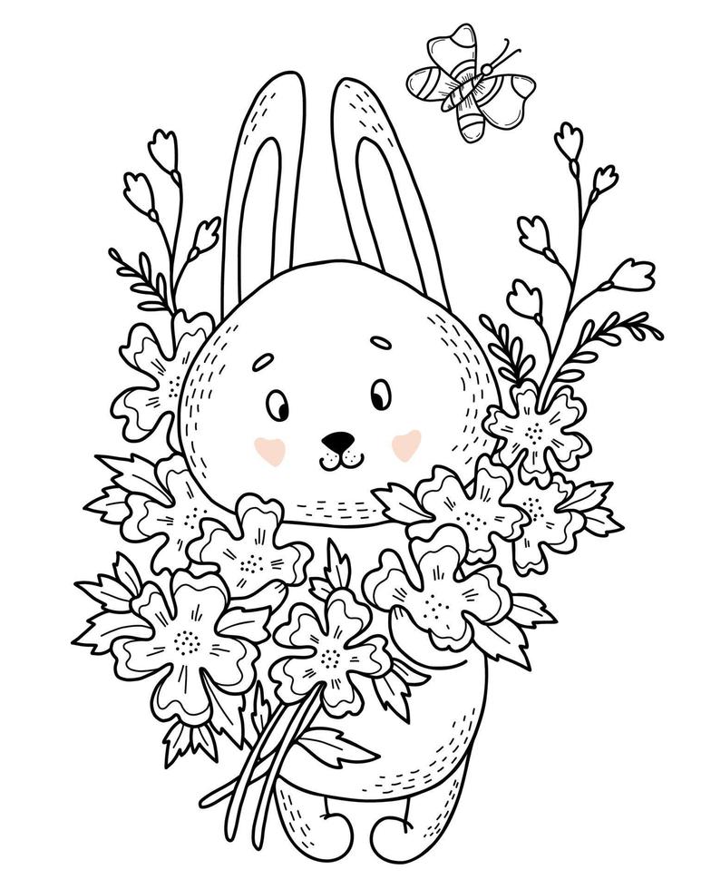Cute bunny with large bouquet of flowers and flying butterfly. Vector illustration.   hand drawn linear doodles. Funny animal