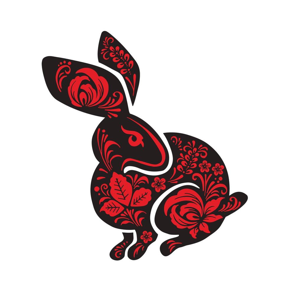 Black Hare, rabbit with flower painting ethno red color, vector