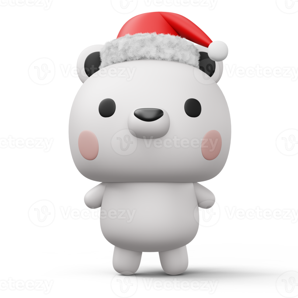 Cute Polar bear with christmas hat, happy christmas, 3d rendering png