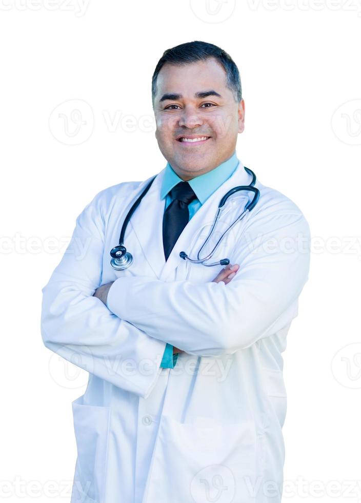 atractivo médico o enfermero hispano en blanco foto