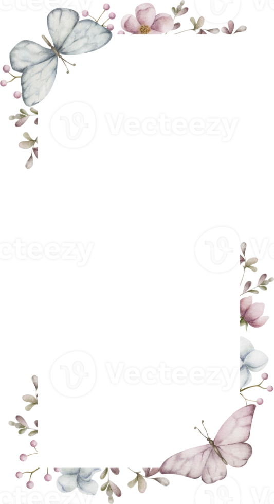 Rectangle frame with flowers and butterflies. Watercolor illustration png