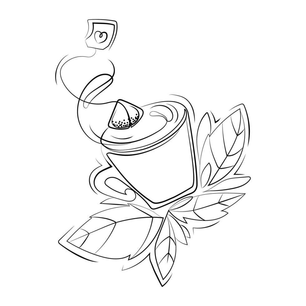 Cup with tea bag and tea leaves Line art vector illustration.Mug of tea with leaves creative idea for emblem,logo,label,print,sticker,coloring book,black and white drawing sketch.Hot drinks