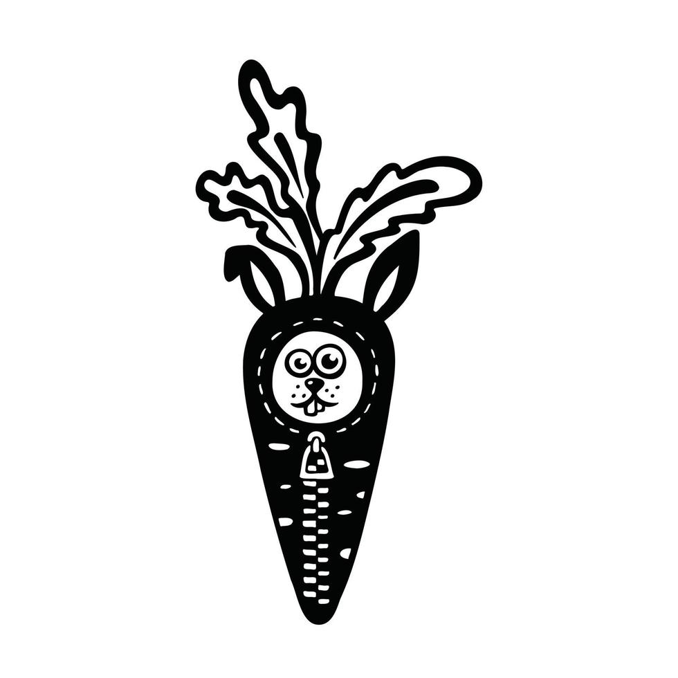 cartoon hare in a sleeping bag in the shape of a carrot, silhouette vector