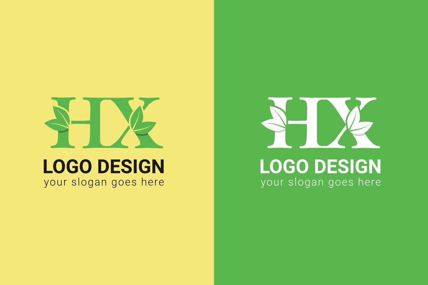 Ecology HX letters logo with green leaf. HX letters eco logo with leaf. Vector typeface for nature posters, eco friendly emblem, vegan identity, herbal and botanical cards etc.