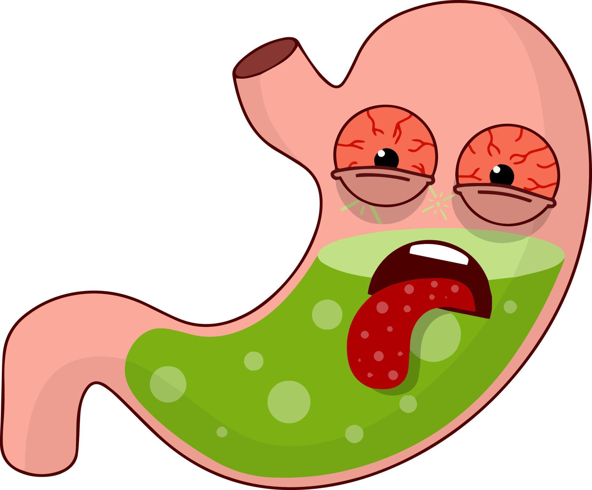 Human stomach. Angry sad face with eye, tongue and mouth. Problems with