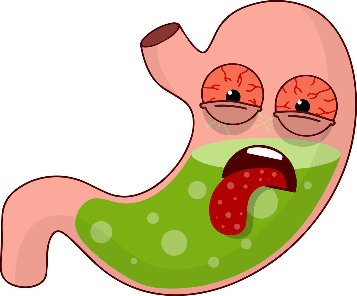 Human stomach. Angry sad face with eye, tongue and mouth. Problems with health and digestion. X-ray Internal organ. Green acid. Medical care. Nausea, queasiness, vomiting. Cartoon flat illustration vector