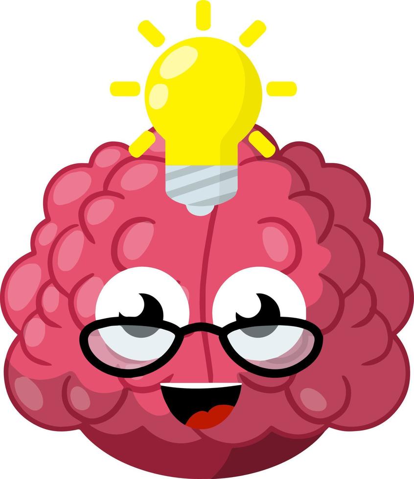Funny brain with glasses. Thought and idea. Yellow bulb of insight. Training and education. Cute pink mascot character. Development of intelligence and mind. Cartoon flat illustration vector