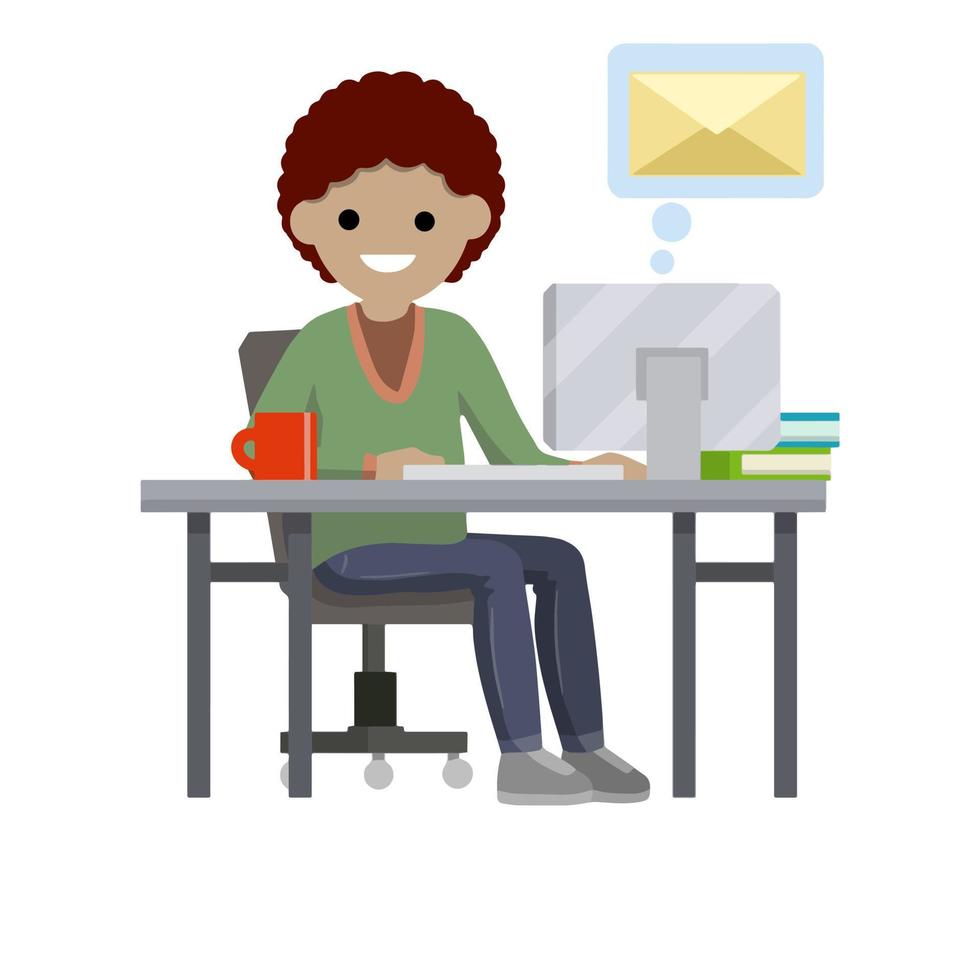 Young woman sit at table with computer and receives letter. Cartoon flat illustration. Work in office. postal envelope in bubble. e-mail in messenger, chat with friends on Internet vector