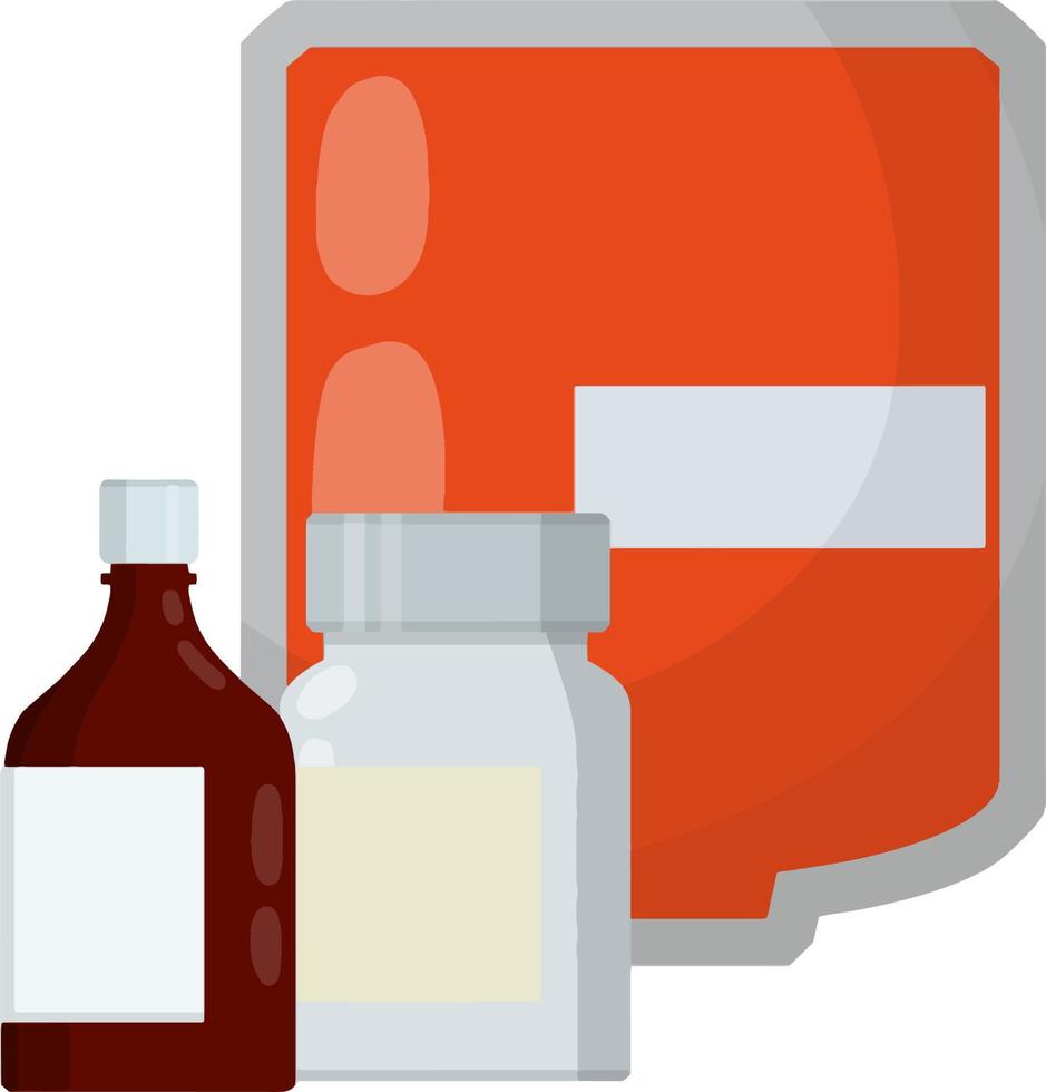 Medical preparation. Element hospitals, clinics. Transfusion. Blood packaging. Cartoon flat illustration. Treatment of patient with blood. Red liquid in bag with tube. Set of pill package vector