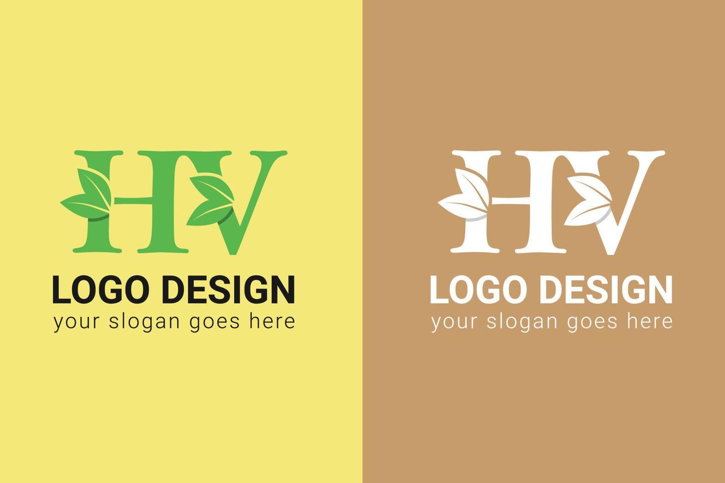 Ecology HV letters logo with green leaf. HV letters eco logo with leaf. Vector typeface for nature posters, eco friendly emblem, vegan identity, herbal and botanical cards etc.