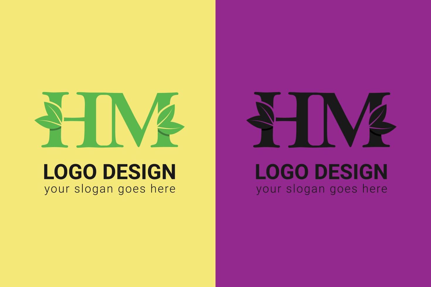 Ecology HM letters logo with green leaf. HM letters eco logo with leaf. Vector typeface for nature posters, eco friendly emblem, vegan identity, herbal and botanical cards etc.