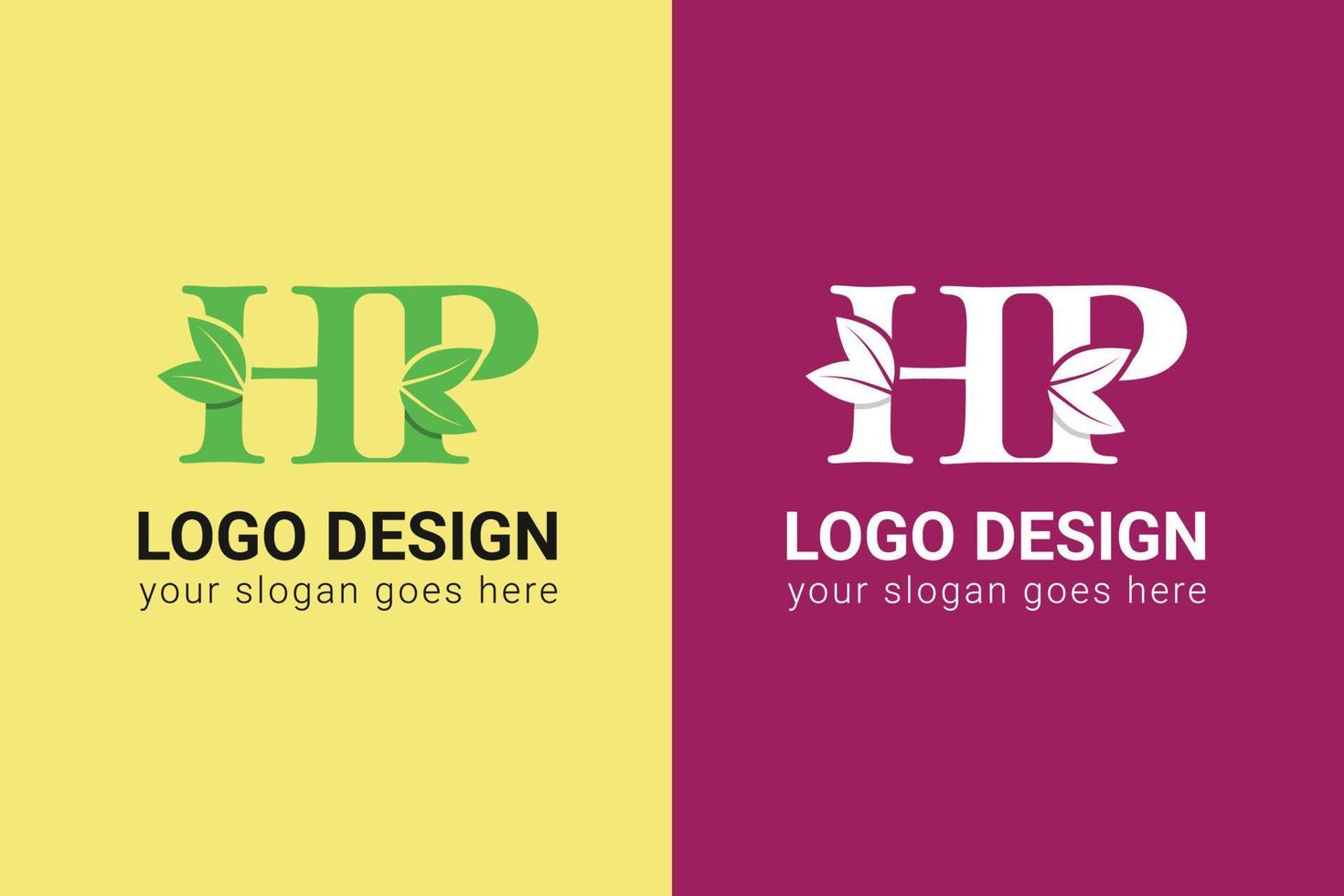 Ecology HP letters logo with green leaf. HP letters eco logo with leaf. Vector typeface for nature posters, eco friendly emblem, vegan identity, herbal and botanical cards etc.