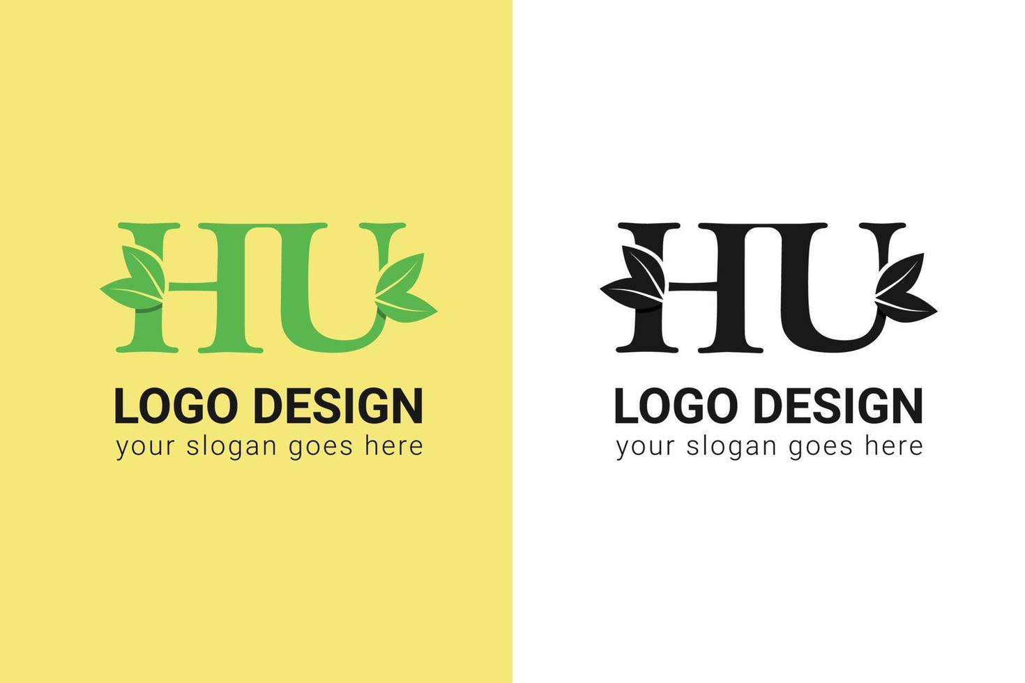 Ecology HU letters logo with green leaf. HU letters eco logo with leaf. Vector typeface for nature posters, eco friendly emblem, vegan identity, herbal and botanical cards etc.