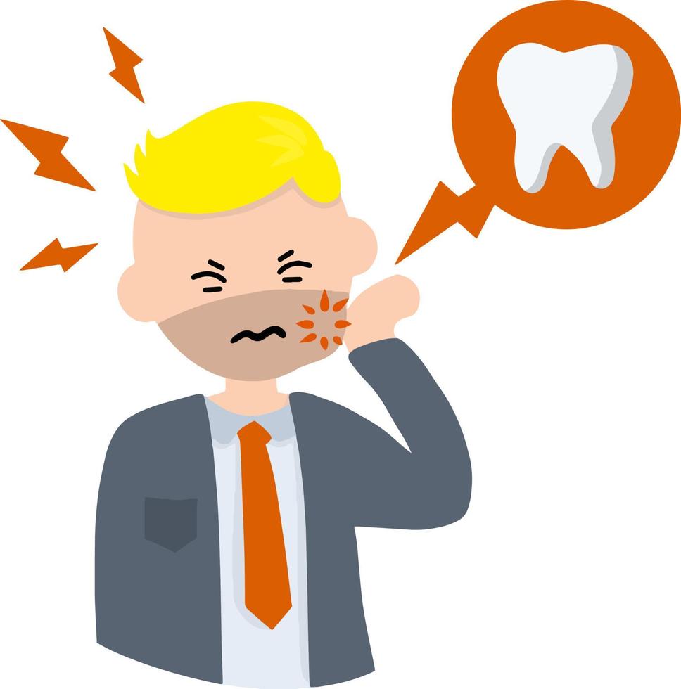 hombre con caries. burbuja con icono de caries dental. dolor en la mejilla. el trabajo del dentista. cuidado de la salud. ilustración plana de dibujos animados. Triste hombre de negocios mantenga la mano sobre la cabeza. atención médica vector