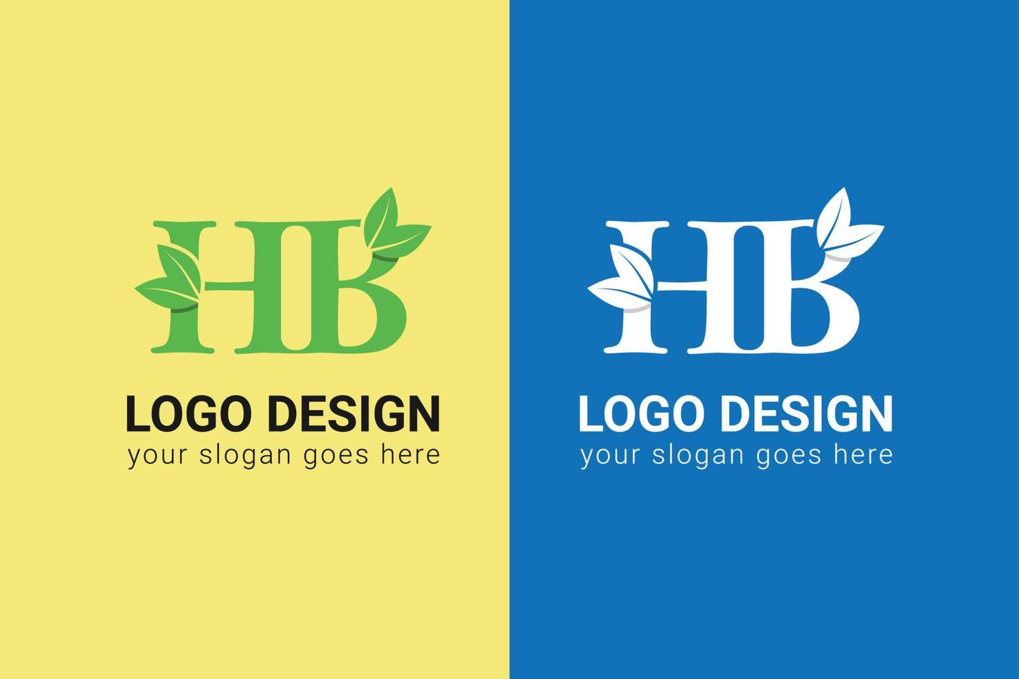 Ecology HB letters logo with green leaf. HB letters eco logo with leaf. Vector typeface for nature posters, eco friendly emblem, vegan identity, herbal and botanical cards etc.