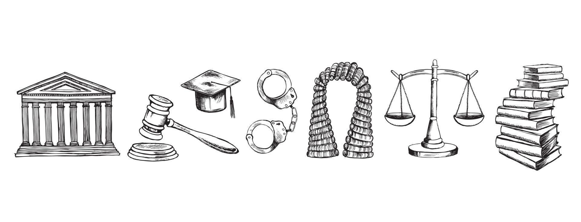 Law symbols set. Scales vector hand drawn.